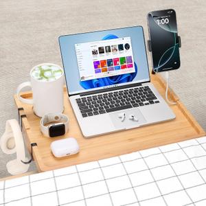 Bedside Shelf for Dorm Bed & Top Bunk, Bamboo Bed Side Table Tray with Cup Phone Holder & Hooks, Bedside Caddy, Clip on Nightstand Bedside Storage College Dorm Room Essentials (Bamboo)