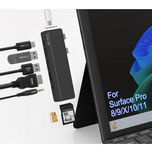 Surface Pro 8/9/X/10 Dongle - Surface Pro 9 Adapter with 4K HDMI, Thunderbolt 4 (8K@30Hz Video+40G Data+100W PD), USB 3.0, SD/TF Reader, 3.5mm Audio Surface Pro 9 Docking Station Hub