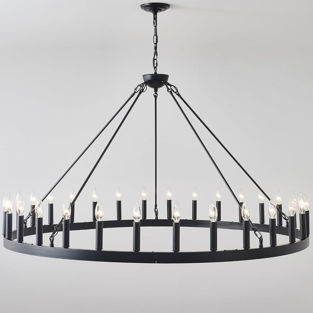 53 Inch Black Extra Large Wagon Wheel Chandelier, 30-Lights Farmhouse Industrial Round High Ceiling Pendant Light Adjustable Chain, for Dining Room, Living Room