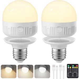 SCOPOW 2Packs E26 Rechargeable Light Bulbs with Remote Control, 5W 350lm Magnetically Battery Operated Light Bulbs 2000mAh, 3 Color Temperature, Timer, Dimmer for Non-Hardwired Lamp