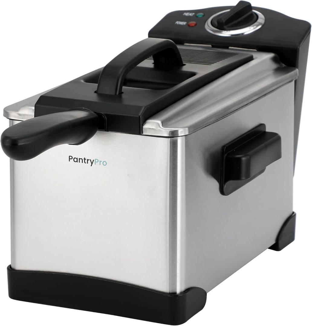 PantryPro 2 Liter / 2.1 Quart Stainless Steel Immersion Electric Deep Fryer, 1400 W, Temperature Control, Basket with Hook, Odor Filter, Lid w. Viewing Window