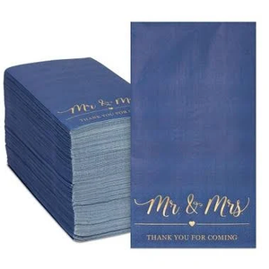 100PCS Gold Napkins - 3-Ply Mr and Mrs Napkins - Disposable Blue Dinner Napkins for Table Decorations, Ideal for Weddings, Showers, Engagement Parties