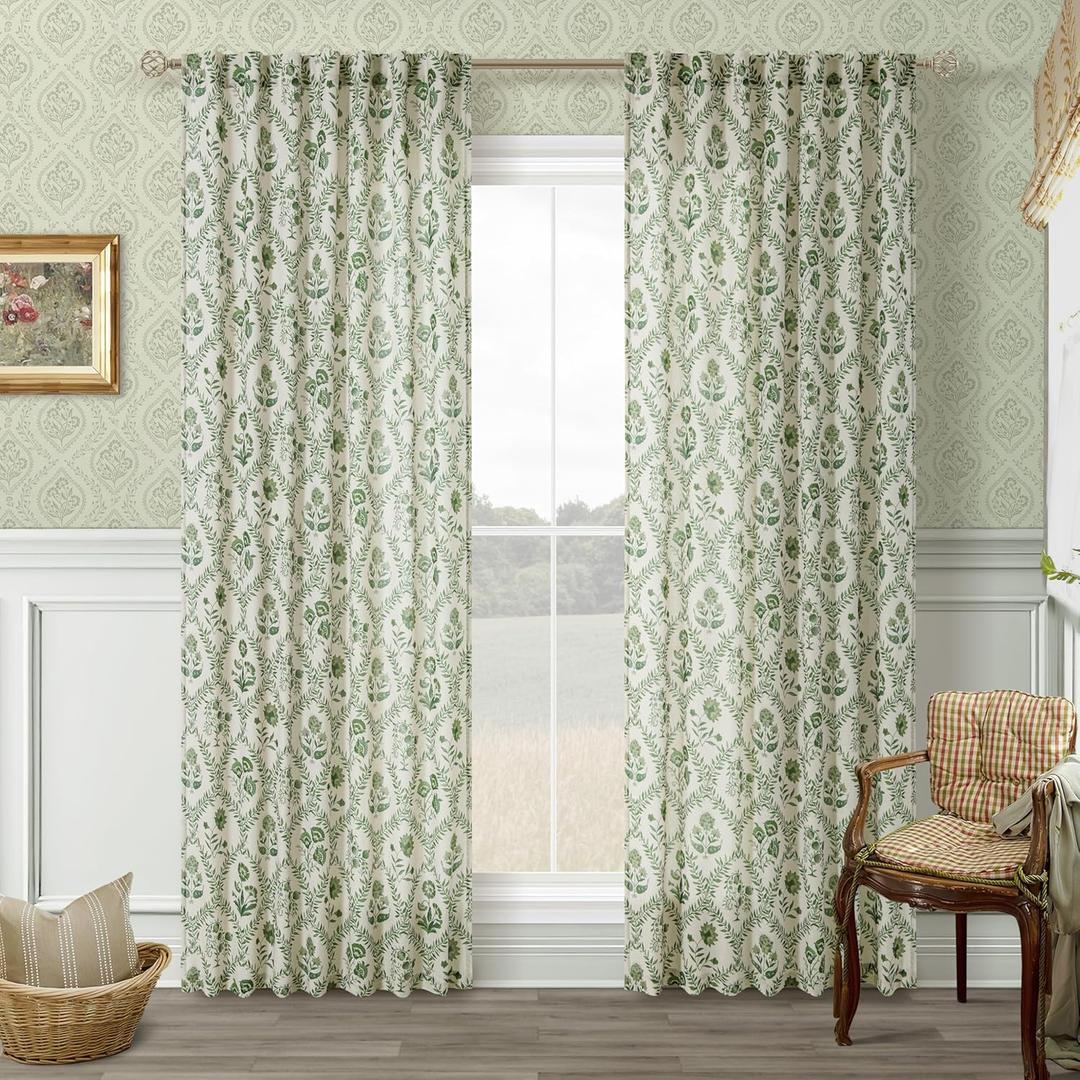 Green Floral Linen Curtains 84 Inch Length for Living Room Bedroom 2 Panels Semi Sheer Curtains Back Tab Olive Patterned Flower on Beige Farmhouse Boho French Country Window Drapes 84 Inches Long
