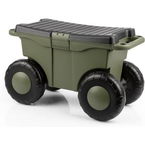 Pure Garden Rolling Garden Cart with Seat - Plastic Storage with Bench and Interior Tool Tray - Gardening Stool for Weeding and Planting (Green)
