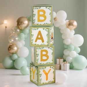 Baby Shower Decorations, Pink Baby Boxes with Letters, 4pcs Floral Baby Shower Decorations for Boy Girl, Balloon Boxes for Gender Reveal Birthday Party Supplies (Sage Green)