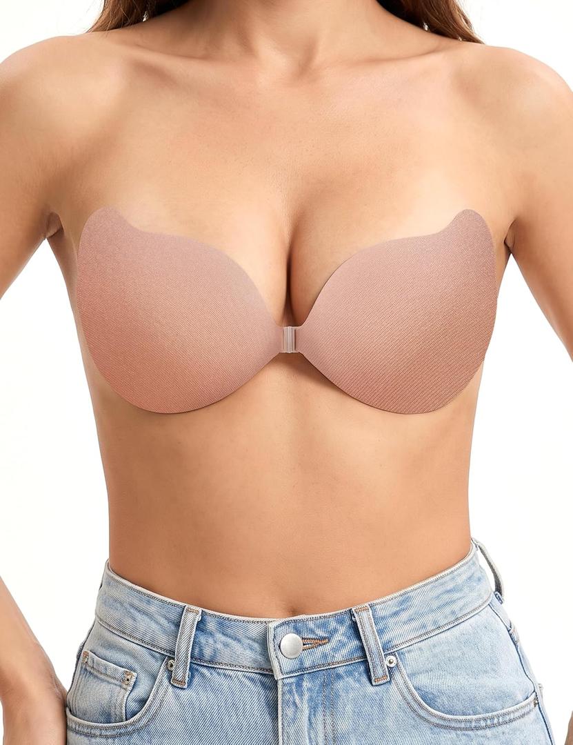 Rosefly Strapless Bras for Women, Sticky Push up, Backless Bra, Invisible Seamless No Show Reusable Stick on for Dress (Beige) C