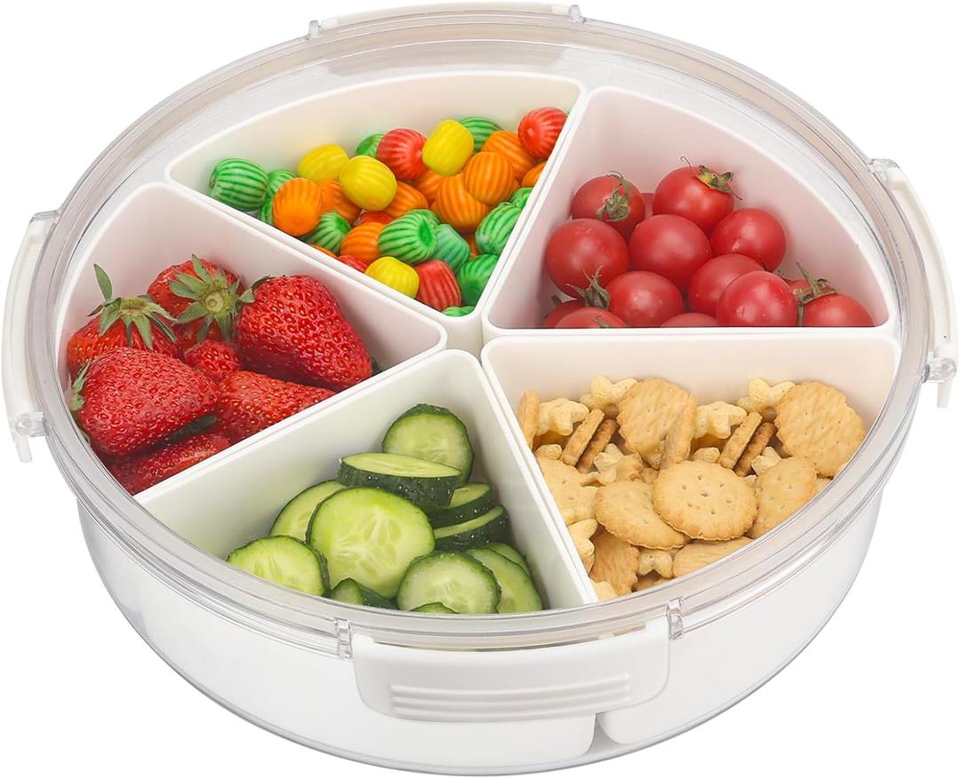 Divided Serving Tray with Lid, Removable Divided Platter Snack Box Container, Snackle Box Food Storage Charcuterie Containers, Fruit Snack Tray for Party, Veggies, Snack, Fruit, Nuts, Candy, Chip (Round, White-5 Compartments)