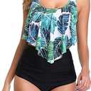 Women High Waisted Bikini Swimsuit Plus Size Flounce Top Vintage Tummy Control Bottom Two Piece Tankini Bathing Suits, Size -L