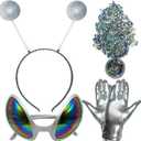 Alien Headband, Alien Costume for Adult Women and Kids, Halloween Accessories: Glasses, Gloves, Holographic Glitter (Silver)