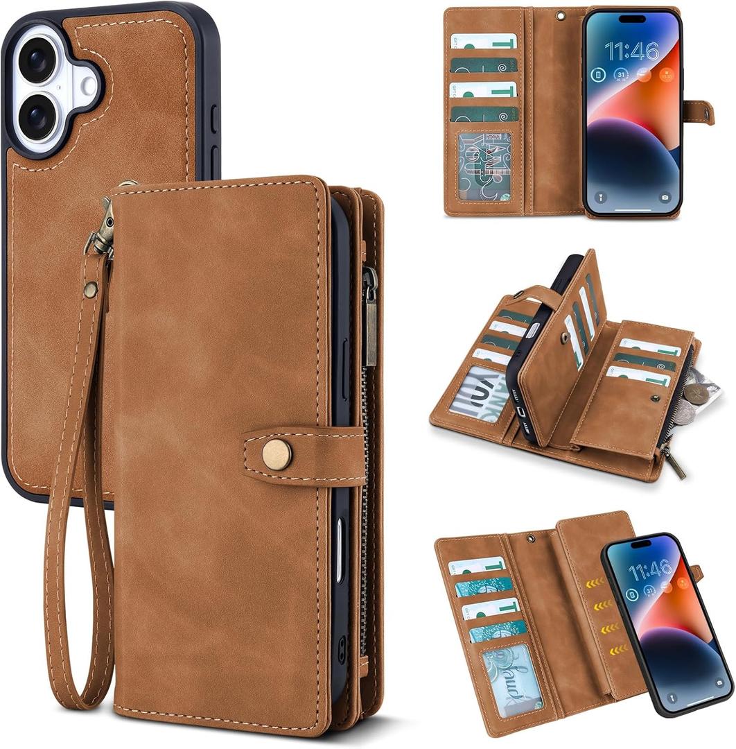 TwoHead Wallet Case Compatible with iPhone 17,Detachable,Magnetic,11 Cards Holder,PU Leather All-Round Protective Phone Case with Change Pocket(6.3 in,Brown)