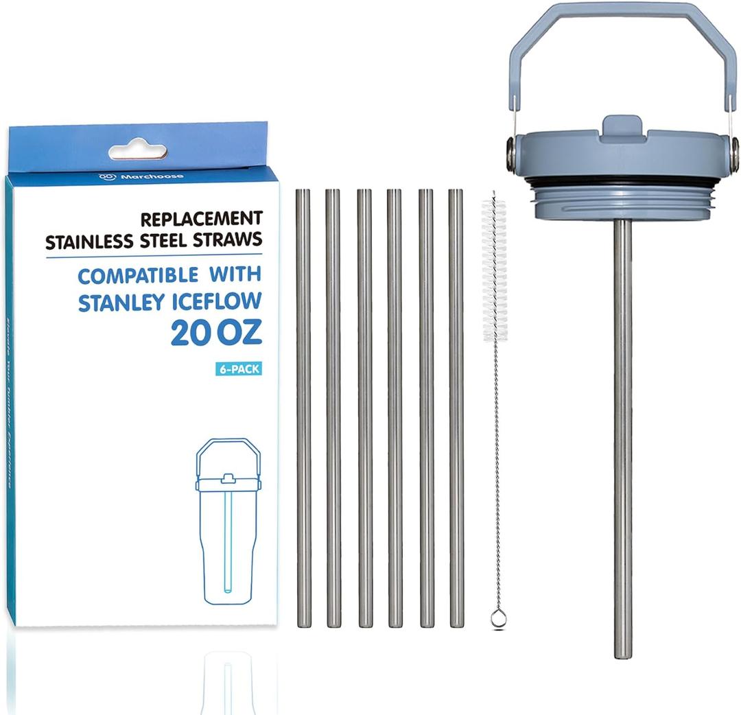 6 PCs Replacement Stainless Steel Straws for Stanley ice flow, 6 inch Reusable straw for Stanley Ice Flow 20oz with Cleaning Brush, Compatible with Stanley Flip Straw Tumbler (20oz)