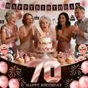 70th Birthday Decorations for Women, 54pcs Happy 70th Birthday Crown and Sash, Black Rose Gold Banner Backdrop Balloons Hanging Swirls Paper Fans, 70 Years Old Birthday Party Supplies Kit