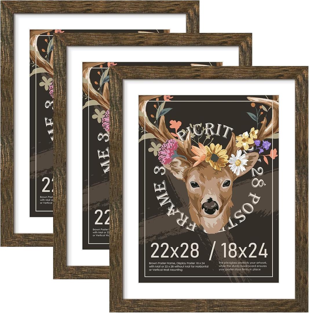 Picrit 22x28 Rustic Brown Poster Frame, Picture Frame for Wall, 3 Pack
