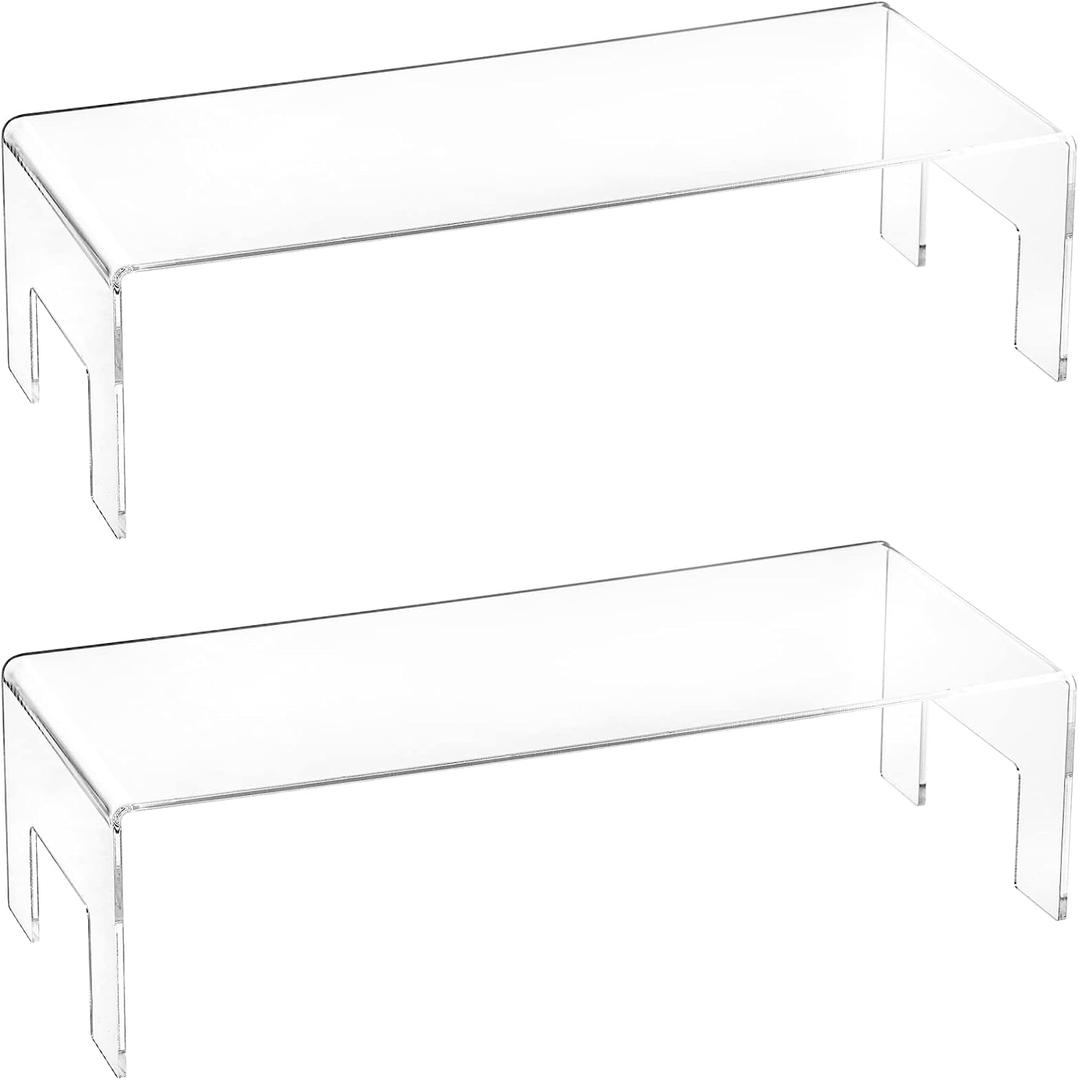Frcctre 2 Pack Acrylic Display Risers, 12" Lx5 Wx3.3 H Clear 5mm Thick Small Display Risers Stand Acrylic Showcase Fixtures Shelf for Dessert Cupcake Figures Toys Cosmetics Perfume