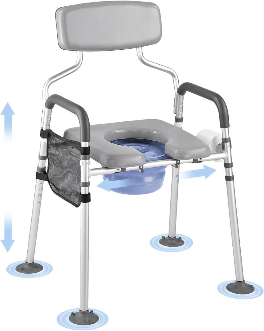 VEVOR Bedside Commode Chair, 500 lbs Capacity, 4-in-1 Portable Toilet and Raised Toilet Seat with Padded Seat & Backrest, Detachable 5L Bucket, Adjustable Height & Width Adult Potty Chair for Seniors