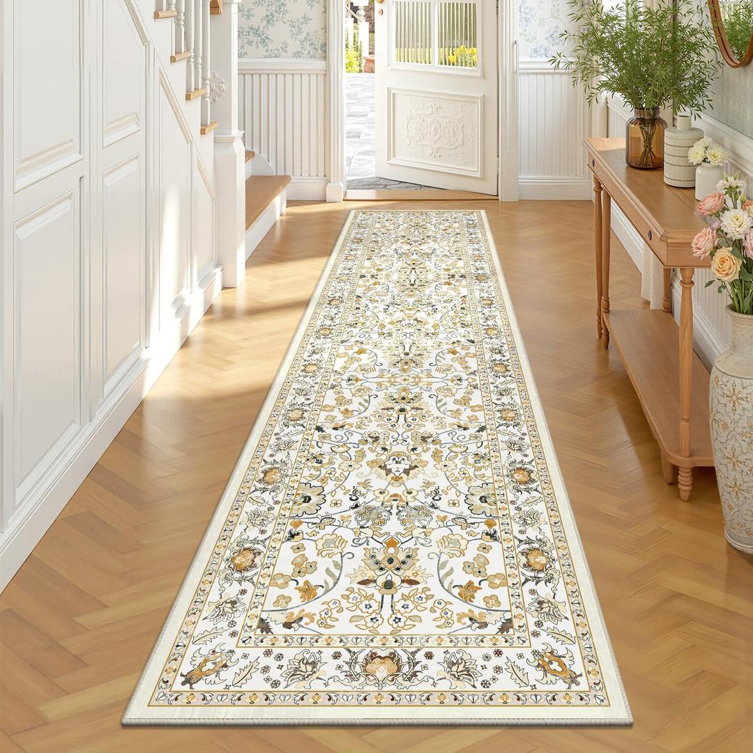 LOKHOM Washable Runner Rug, 2x8 Non-Slip Vintage Hallway Runner Rug with Rubber Backing, Boho Floral Soft Faux Wool Kitchen Rug Carpet Runner for Laundry Entryway Bedroom (Rice Orange)
