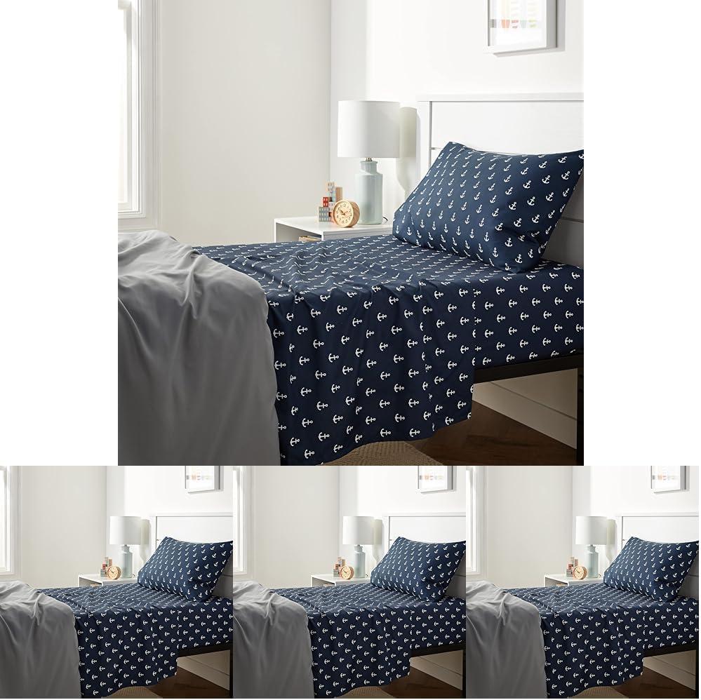 Amazon Basics Kid's Soft Easy-Wash Lightweight Microfiber 3-Piece Sheet Set, Twin, White Anchors, Printed (Pack of 4)