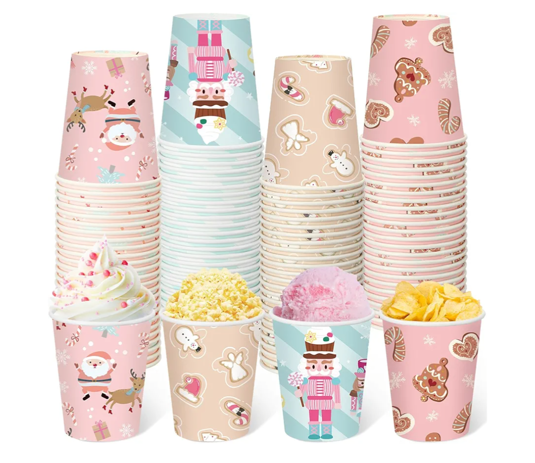 Maxcheck 100 Pcs Pink Christmas Paper Cups 9 oz Disposable Pink Snowflakes Elk Xmas Coffee Cups Hot Drink for Xmas Holiday Party Drinkware Supplies Hot Tea Cold Beverage Cocoa (Cute Style)