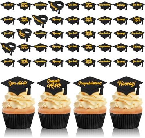 Chuangdi 48 Pieces Graduation Hat Sayings Cupcake Rings 2025 Congrats Grad Cupcake Toppers Rings Black Hat Cake Decorations for Graduation Party Supplies, 4 Styles