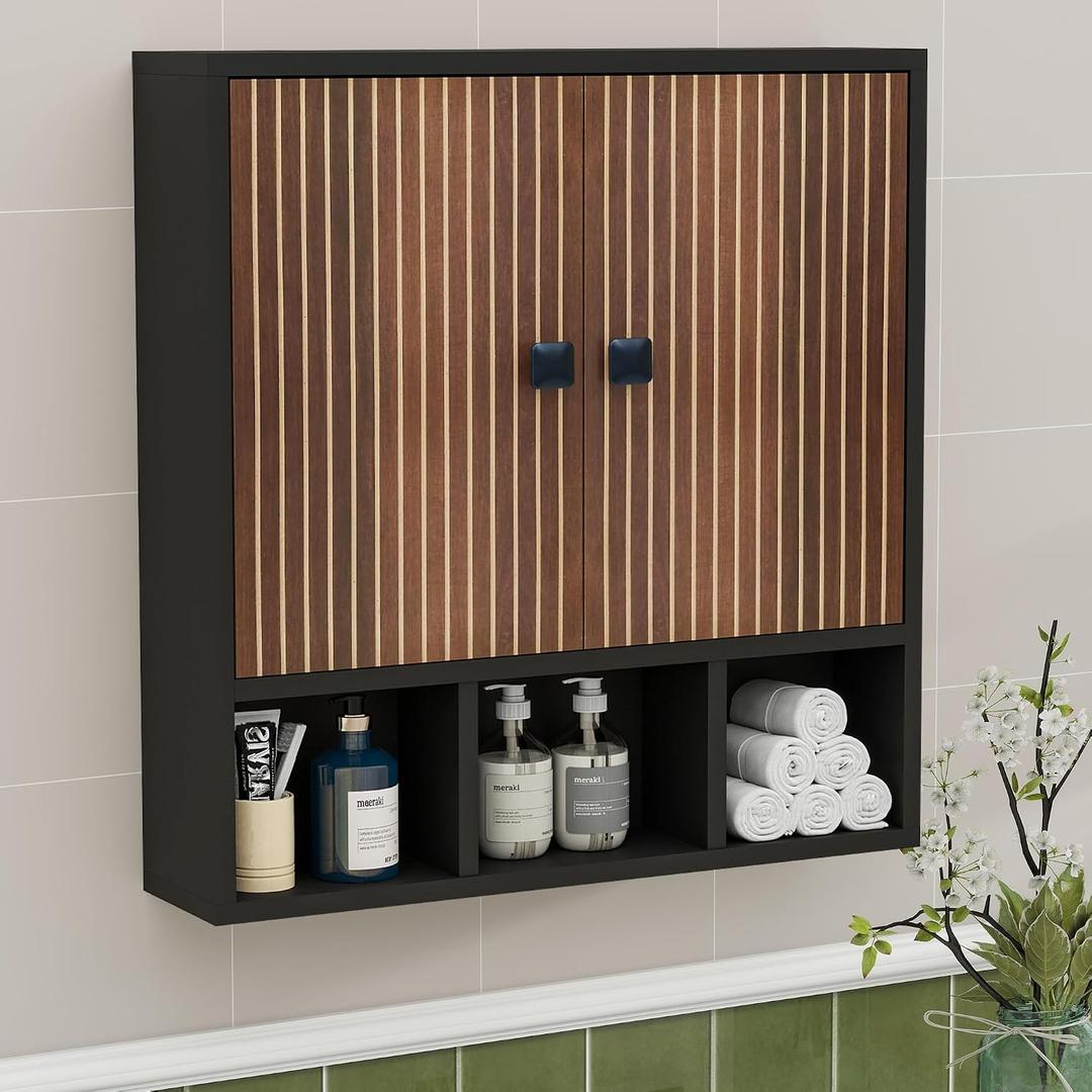 Bathroom Wall Cabinet,Wooden Medicine Cabinet with Fluted Doors Over The Toilet Storage Cabinet with Adjustable Shelf for Bathroom,Black