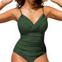 Hilor Women's One Piece Swimsuits Front Twist Swimwear V Neck Shirred Bathing Suit Monokini Tummy Control