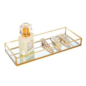 Feyarl Gold Clear Glass Vanity Tray Jewelry Trinket Rings Earrings Organizer Perfume Collection Display Decorative Tray Anti-Mirror Surface for Dresser Room Drawer Office Tabletop (9.84 x 3.93inch)