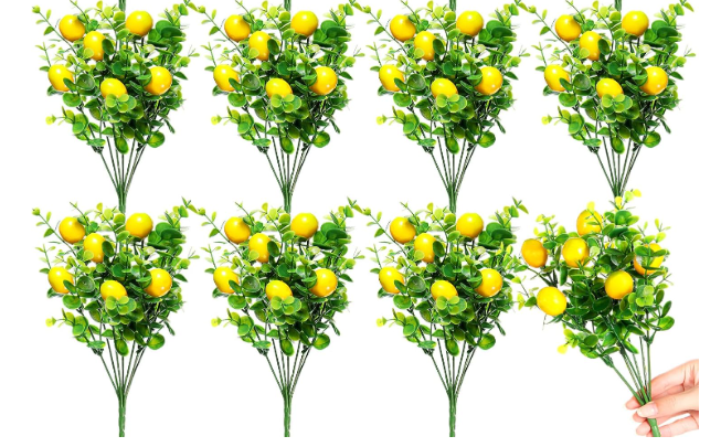 8 Pack Lemon for Decoration Fake Lemon Branches Artificial Vivid Yellow Faux Lemons Tables Centerpiece for Kitchen Stem Fruits for Home Spring Summer Decor