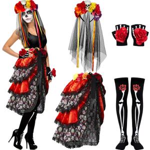 Hercicy 4 Pcs Halloween Day of The Dead Costum for Women Skeleton Mexican Lady Skull Outfit Dress Headpiece Glove Sock (Black, L)