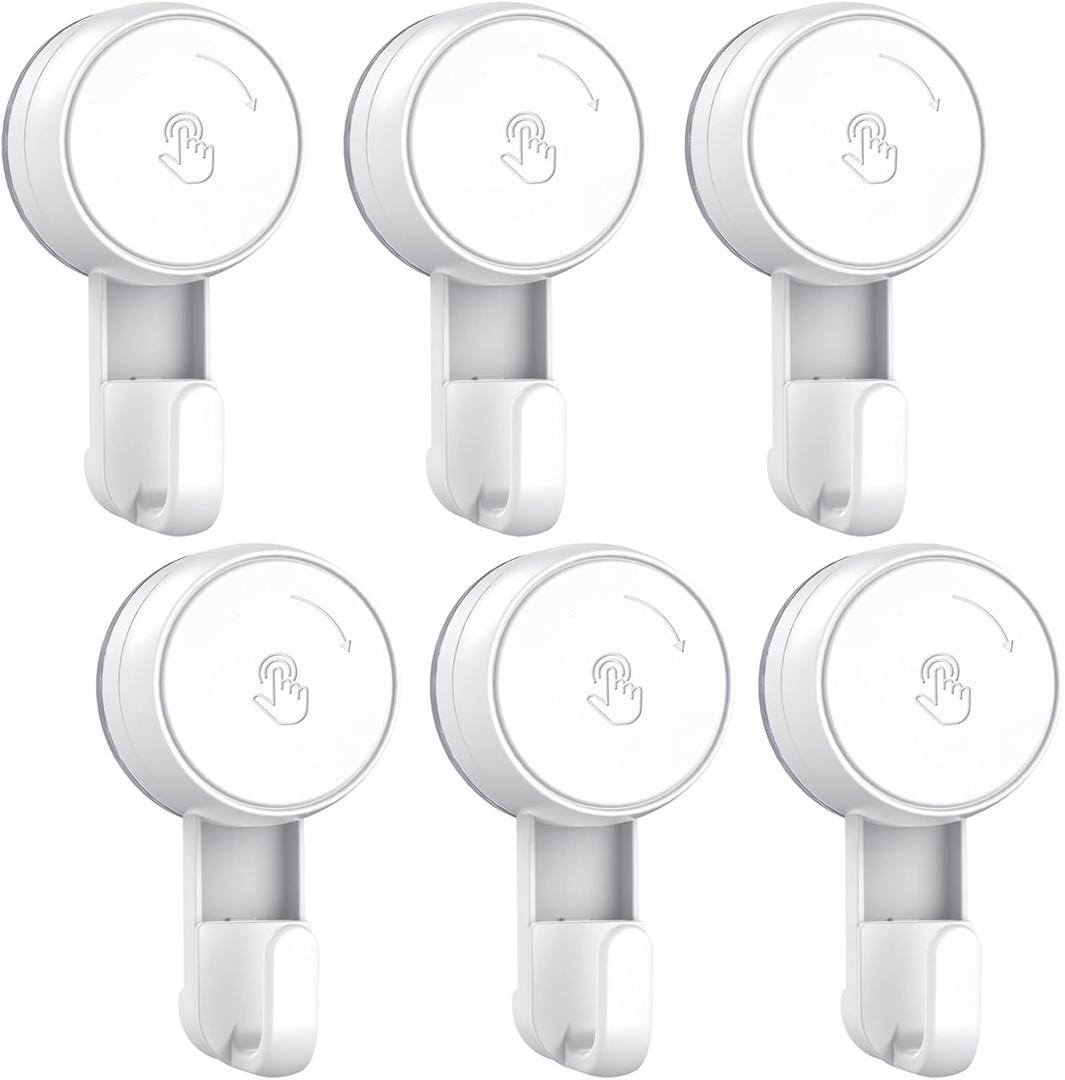 LUXEAR Heavy Duty Waterproof Shower Hooks 6 Pack - Suction Hook, No Drill Damage-Free Removable Reusable Wall Hooks for Bathroom Kitchen Towel Bathrobe Loofah Shower Hooks (Max Load 11LB/5KG)