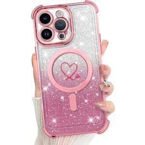KANGHAR for iPhone 16 Plus Case, Support for MagSafe [Four Corner Cushion Series] Love Heart Pattern Electroplate Edge ShockPlusof Durable Full Body Plustection for Girls Women -Pink