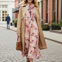 Sunny Spirit Women's Floral Boho Midi Dress 2025 Spring Fall Long Sleeve V Neck Chiffon A-Line Flowy Party Dresses (L)