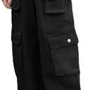 Girl's Elastic High Waist Cargo Pants Wide Leg Trousers with Flap Pocket, 3-14 Years (9-10 Years, Black)