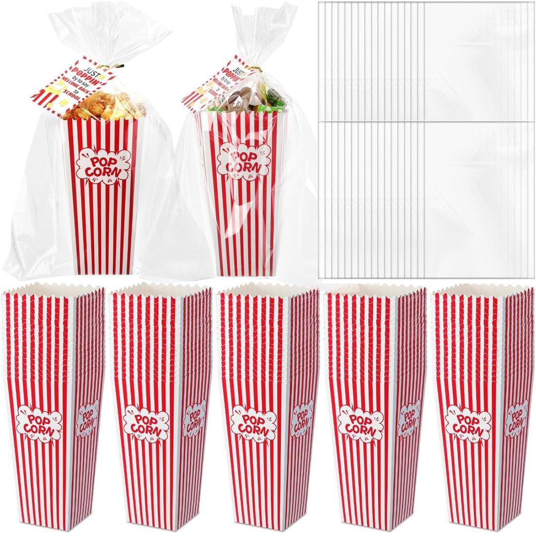 TaoBary 48 Sets Circus Party Favor Bags Carnival Candy Gift Bags Paper Red White Striped Popcorn Boxes with Flat Pocket and Twist Ties Circus Party Supplies for Movie Night