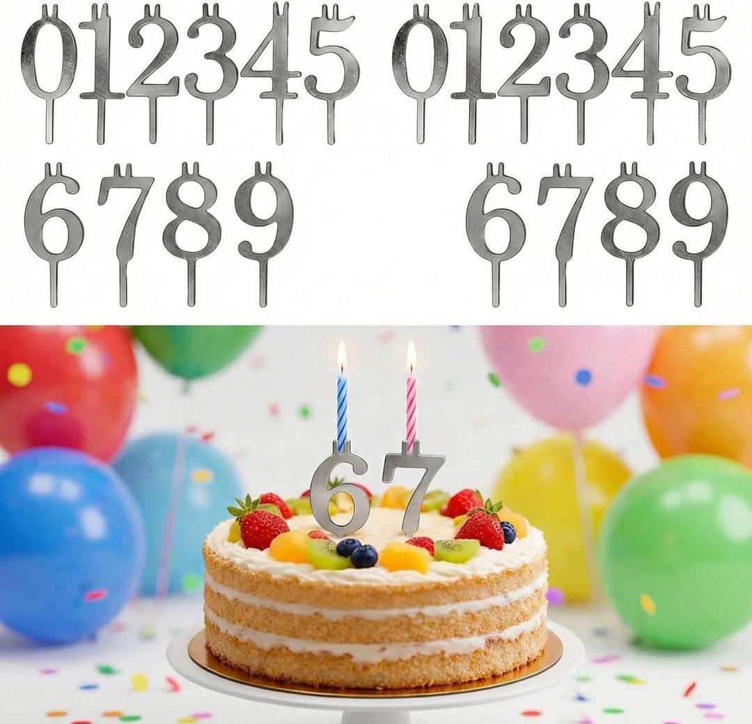 20 PCS (2 Sets) Reusable Number Candle Holder Set for Birthday Cakes - Metal Number Candle Holders Stand - Silver Cake Topper Decorations