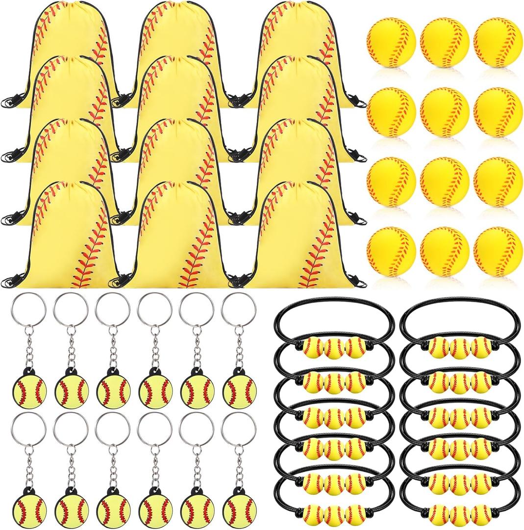 Poen 48 Pcs Softball Party Favors Include 12 Drawstring Backpack 12 Mini Softball 12 Keychain 12 Wax Thread Braided Bracelet Inspirational Team Gift