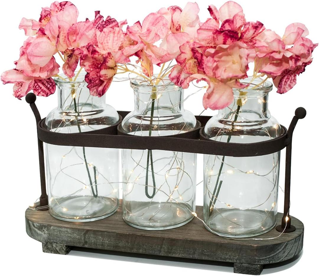 Vase Set with Flower and LED Lights, 3 Jars with Artificial Flowers, Rustic Wood Tray, Farmhouse Table Decor