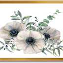 White Anemone Bouquet With Eucalyptus Leaves Traditional Framed Wall Art (32x32)