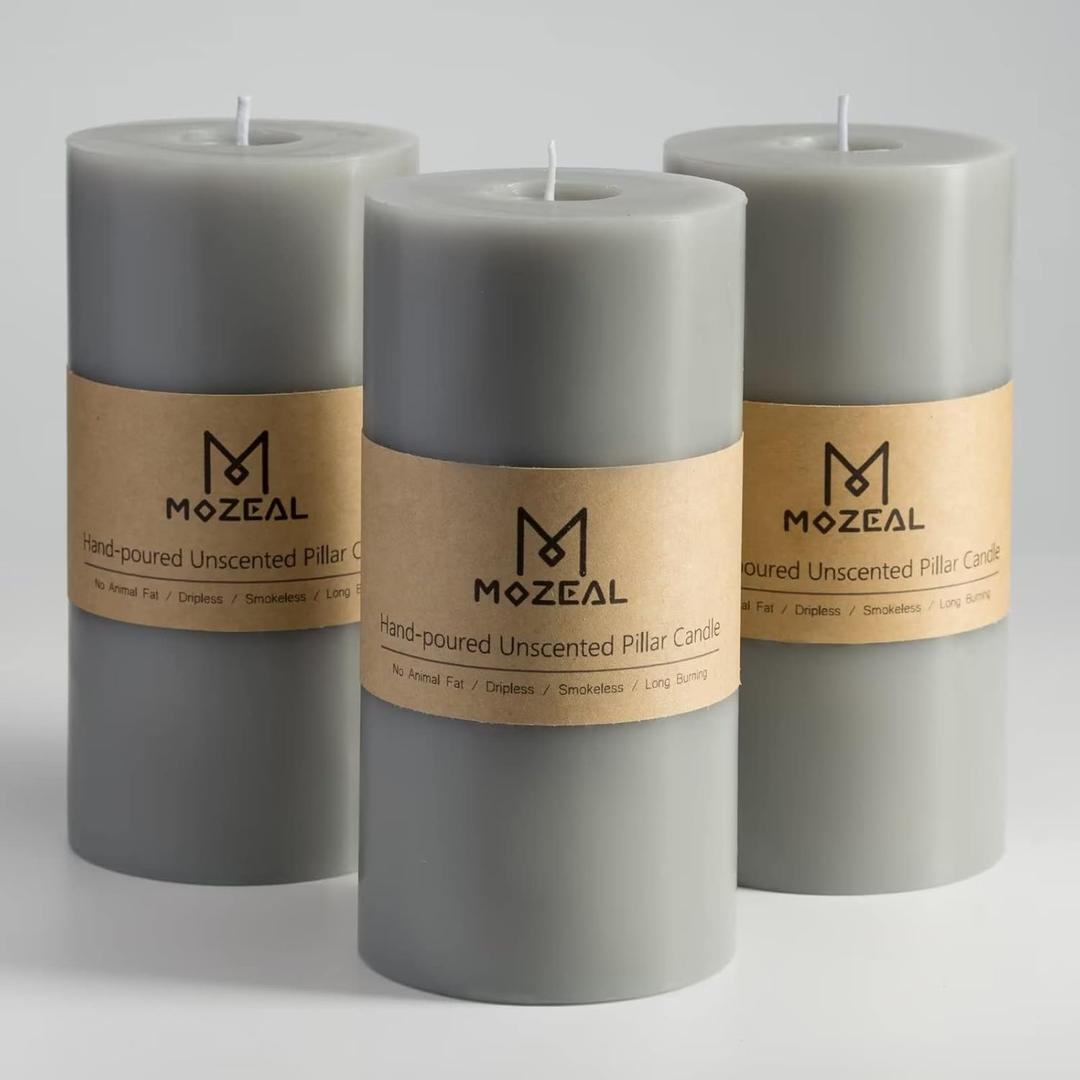 MOZEAL 3" x 6" Hand-Poured Unscented Candle,Dripless Pillar Candle Set of 3,Long Lasting Burning,Approx 120 Hours Burn Time,Rustic Country Style,for Wedding,Dinner,Christmas and Home Decor,Gray