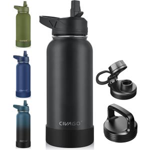 CIVAGO 32 oz Insulated Water Bottle With Straw, Stainless Steel Sports Water Cup Flask with 3 Lids (Straw, Spout and Handle Lid), Wide Mouth Travel Thermal Mug, Black