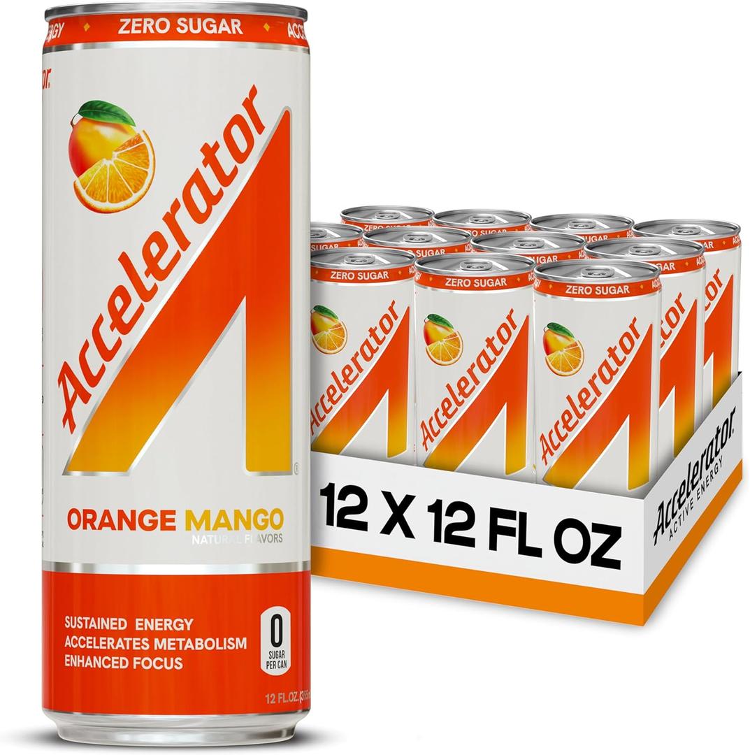 Accelerator Energy Drink, Orange Mango 12oz can (12 pack), Zero Sugar, Sustained Energy from 100% Natural Caffeine (200mg from Green Coffee Bean & Green Tea extract) (EXP 03/10/27)