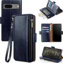 Antsturdy Compatible with Google Pixel 7a Case Wallet with Card Holder Women Men Phone Case RFID Blocking PU Leather Kickstand Flip Protective Cover Wrist Strap Zipper Credit Card Slots,Dark Blue