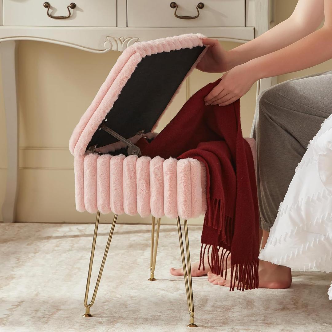 Vanity Stool Chair with Storage, Faux Fur Stools for Vanity Makeup, Foot Stool Ottoman with 4 Metal Legs, Small Vanity Bench Seat Chairs for Living Room BedroomPink
