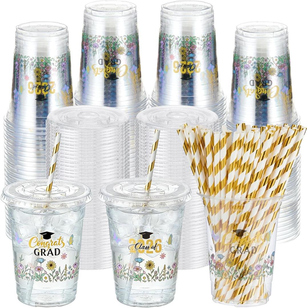 Sliner 50 Sets 16 oz Gold Graduation Plastic Cups Wildflower Congrats Grad Disposable Drinking Cups with Lids and Paper Straws for Hot Cold Drinks Class of 2026 Graduation Party Supplies
