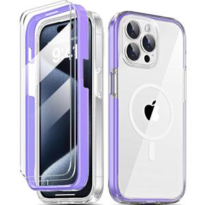 COOLQO Magnetic for iPhone 15 Pro Max Case with Screen Protectors, Compatible with MagSafe, Military Grade Drop Protection, Dual Layer Design Heavy Duty Protective Shockproof Phone Case, Purple (15ProMax-6.7 inch)