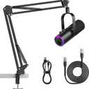 XLR/USB Podcast Microphone, Gaming Mic with Mute Button, Reverb Effects, Noise Cancellation, Boom Arm Stand, Headphones Jack, Dynamic Microphone for Streaming/Recording/Gaming/Vocal-Black