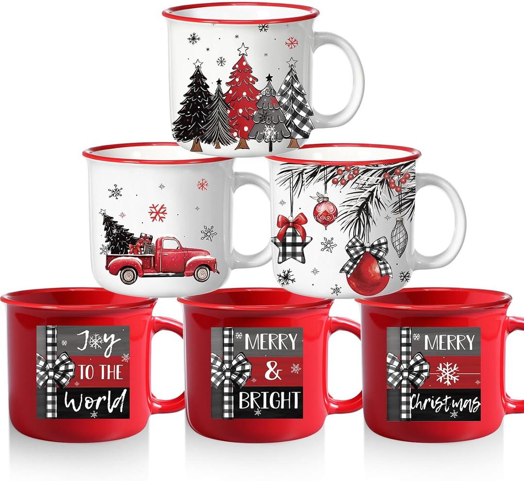 Pickmesh Christmas Coffee Mug Set of 6 Holiday Coffee Cups with Red, Black & White Buffalo Plaid Designs, Snowflakes, Ornaments, and Festive Sayings  12 oz Ceramic Cups for Hot Cocoa, Tea
