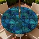 Round Outdoor Tablecloth with Zipper and Umbrella Hole, Fitted Table Cloth with Elastic, Oil Waterproof Tablecover for Patio Picnic Camping Garden Fits 32"-36" Round Table, Palm Tree