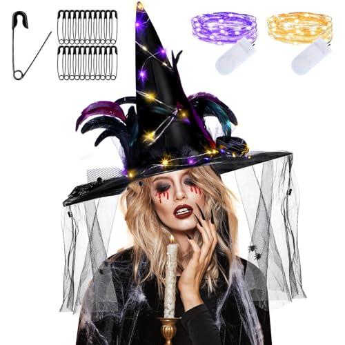 Hercicy Halloween DIY Witch Costume for Women Includes Witch Hat with 2 Pcs Battery Operated 3.3ft 10 LED String Lights 50 Pcs Black Safety Pins for Halloween Party Supplies
