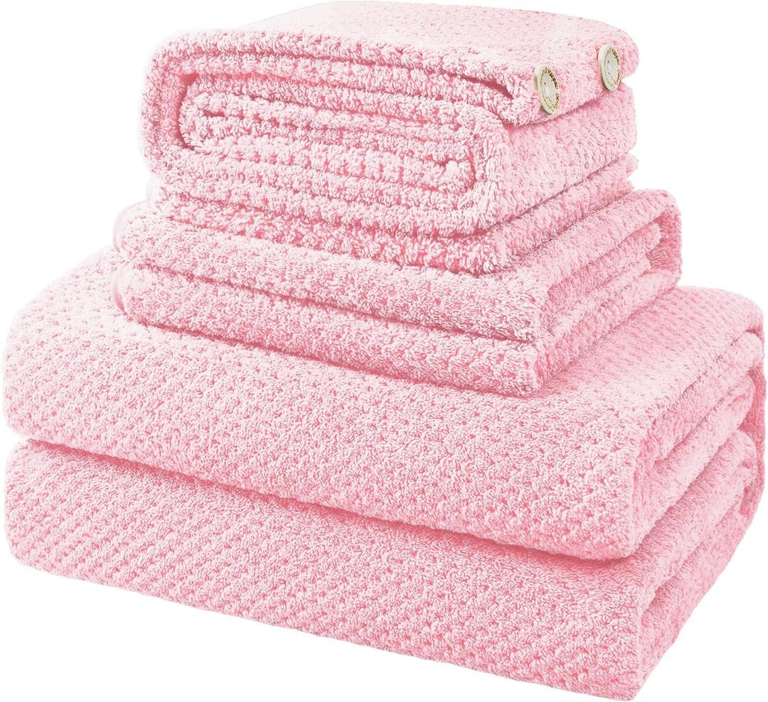 4 Piece Bath Towel Set, 35x70 in Extra Large Bath Towel Hand Towels Hair Towels Washcloths - Highly Absorbent Quick Dry, Soft Towel Set for Bathroom, Pack of 4 (Pink, 4 Piece)