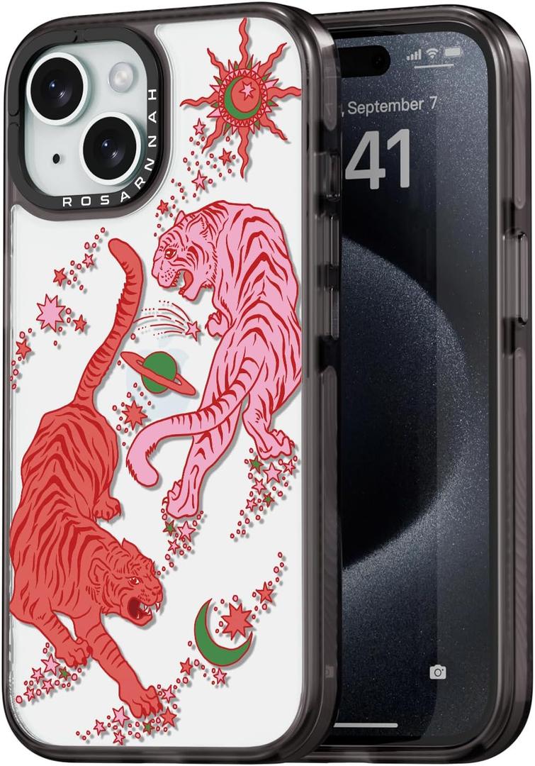 Compatible for iPhone 15 Case Cute Aesthetic - Durable Shockproof 6.6 ft Drop Impact Phone Case Cover with Funny Fashion Tiger 6.1" Black